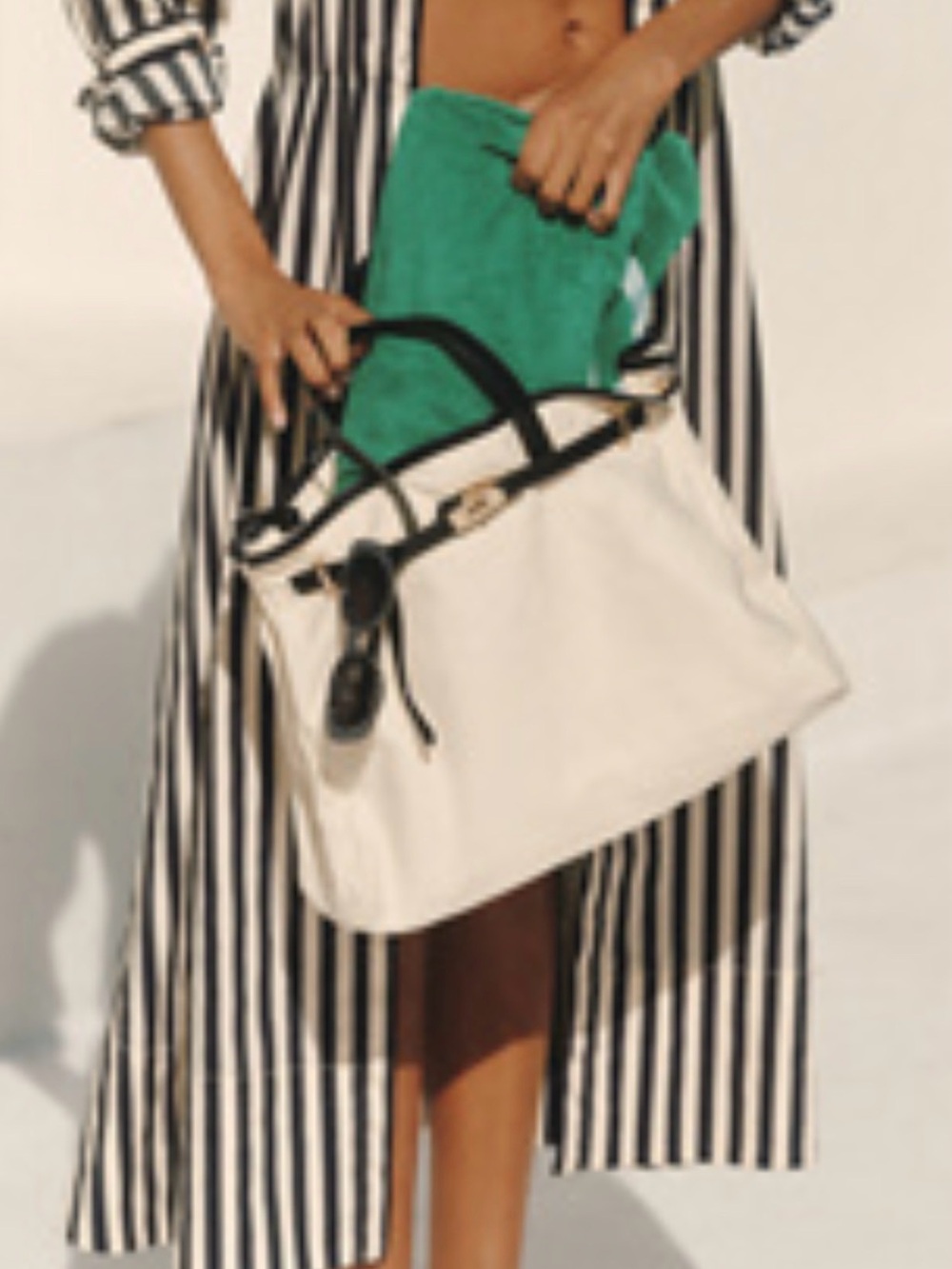 Anthropologie Cream Canvas Tote with Black Faux Leather Trim